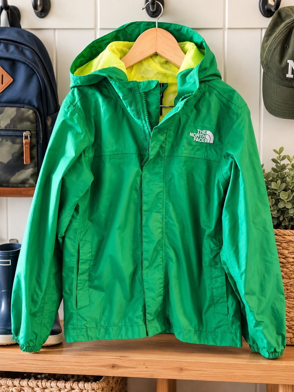 The North Face Boys S 7/8 Green Hooded Rain Windbreaker Jacket Neon Lined